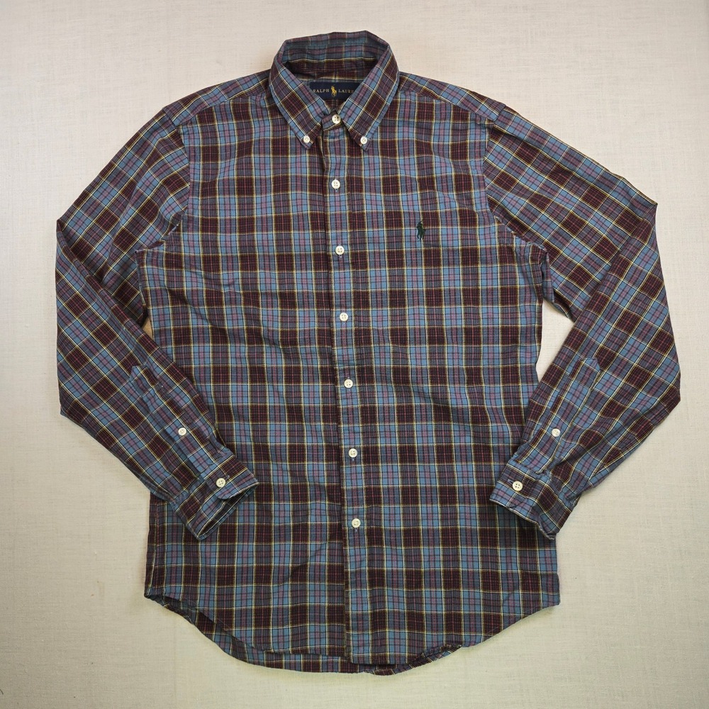 Ralph Lauren Button Down Shirt Small Mens Blue Plaid Pony Logo Long Sleeve EUC